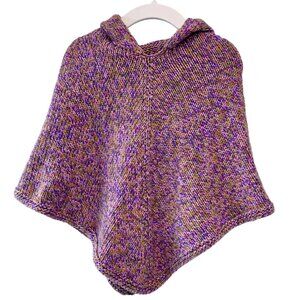 HAND KNIT Hooded Poncho Girls 3-4 3T 4T Purple Fall Handmade Shawl Toddler Girl